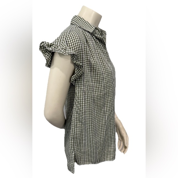 Max Studio Women’s Gingham Ruffle Sleeve Button Top Green White Check Size S NWT - Picture 2 of 9